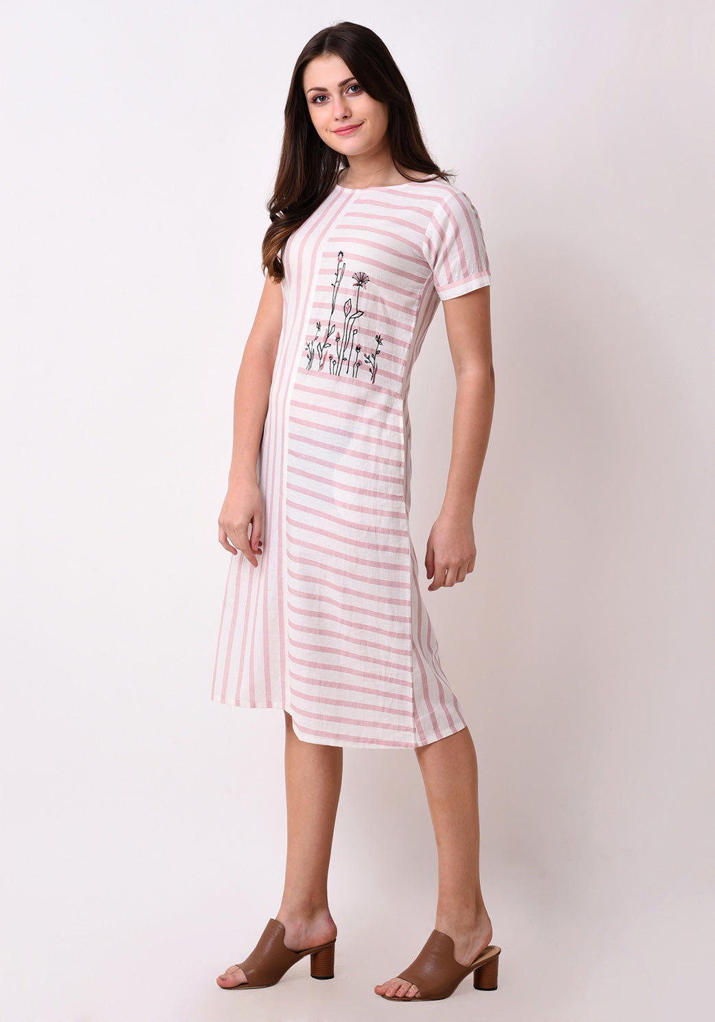 Striped Embroidered Dress - Blush Pink