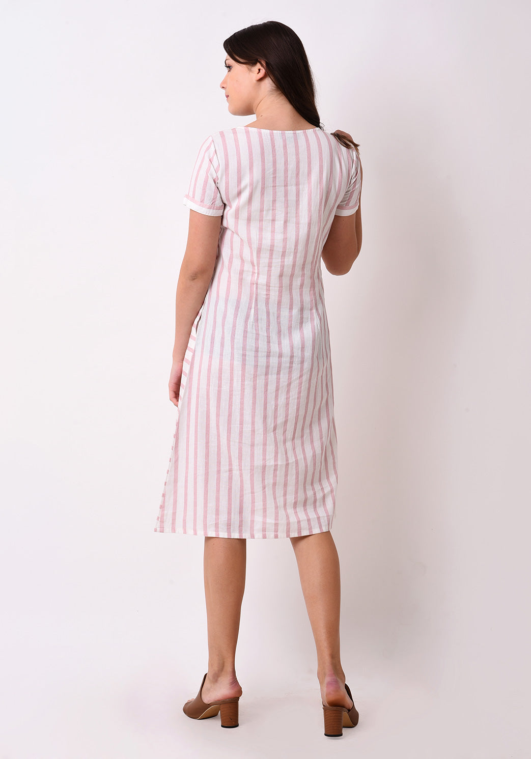 Striped Embroidered Dress - Blush Pink