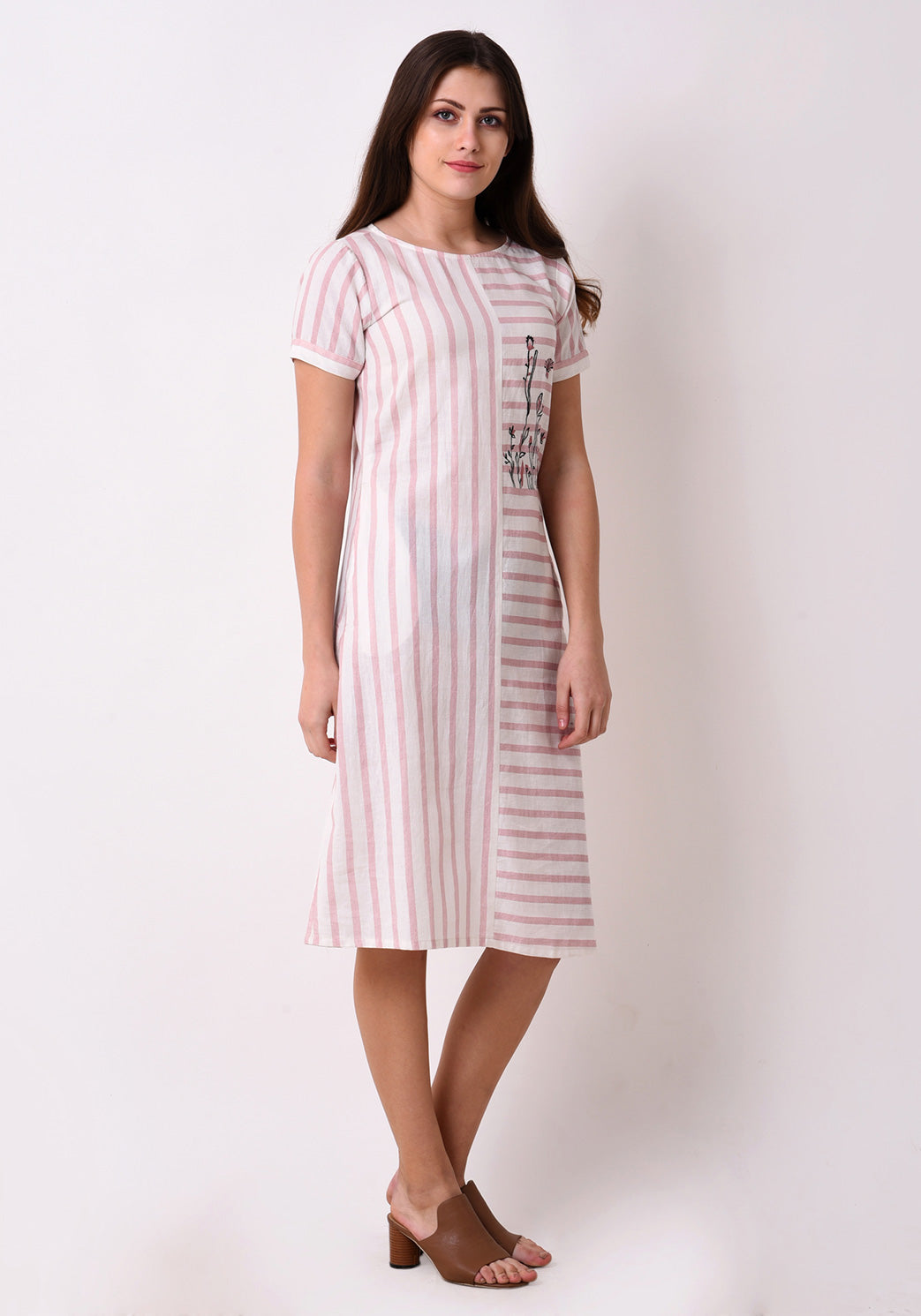 Striped Embroidered Dress - Blush Pink
