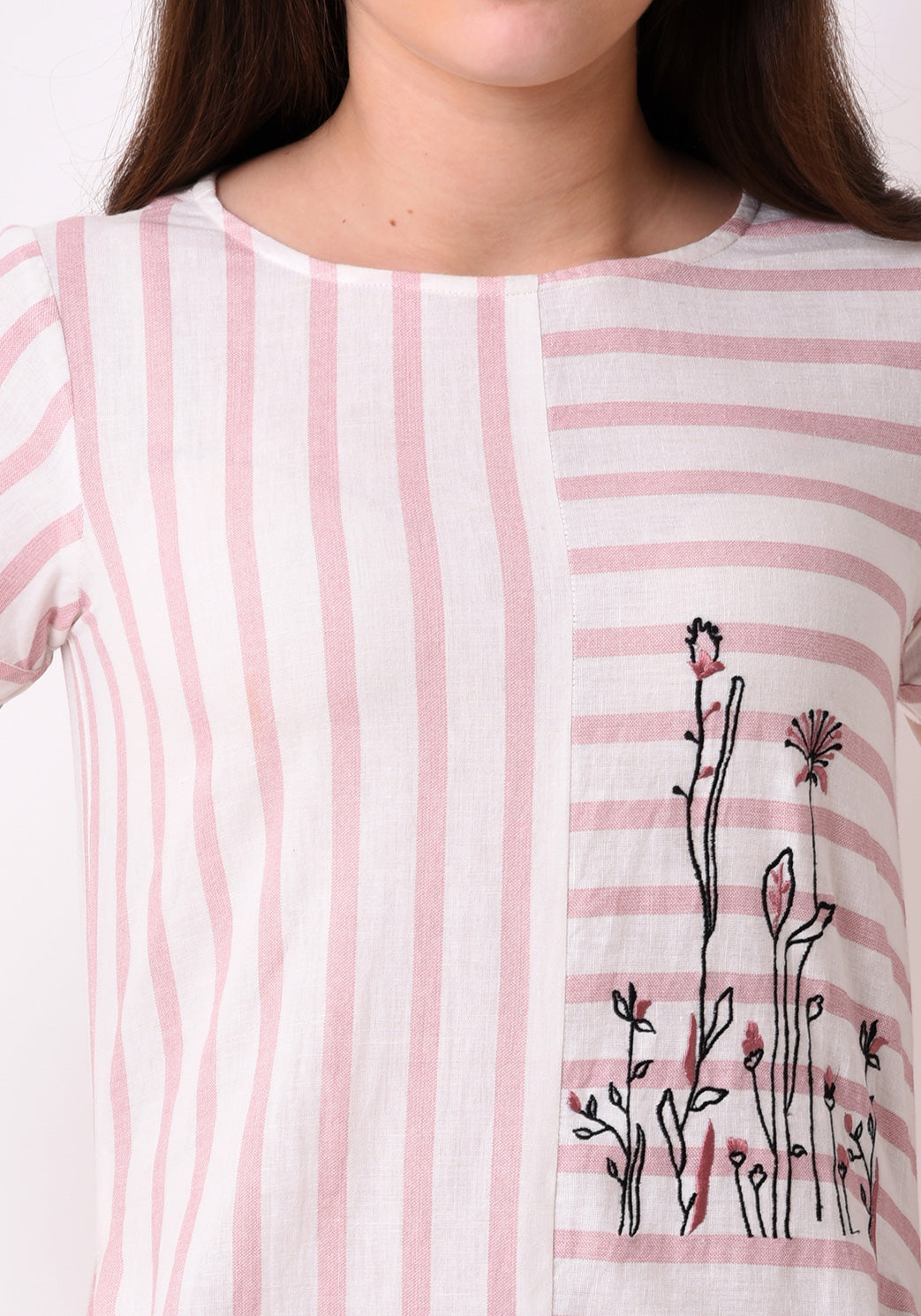 Striped Embroidered Dress - Blush Pink