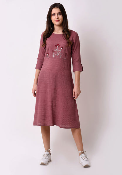 Waffle Dobby Floral Embroidered Dress - Mauve