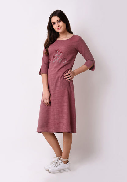 Waffle Dobby Floral Embroidered Dress - Mauve