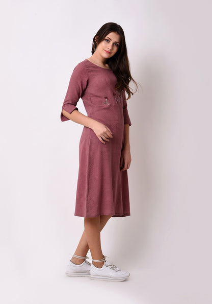 Waffle Dobby Floral Embroidered Dress - Mauve