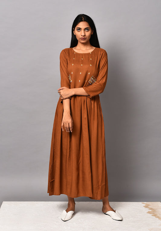 Embroidered Flare Kurta Dress - Brown