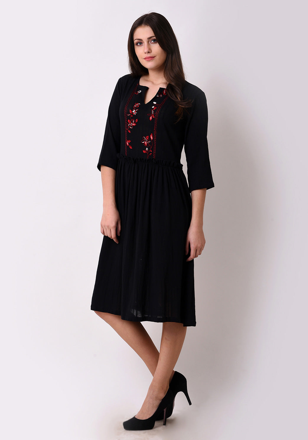 Meadow Yoke Embroidered Black Dress - Black