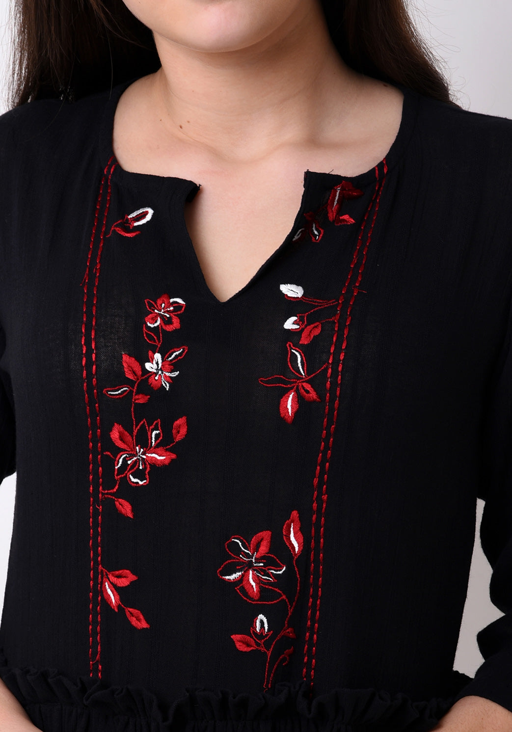 Meadow Yoke Embroidered Black Dress - Black