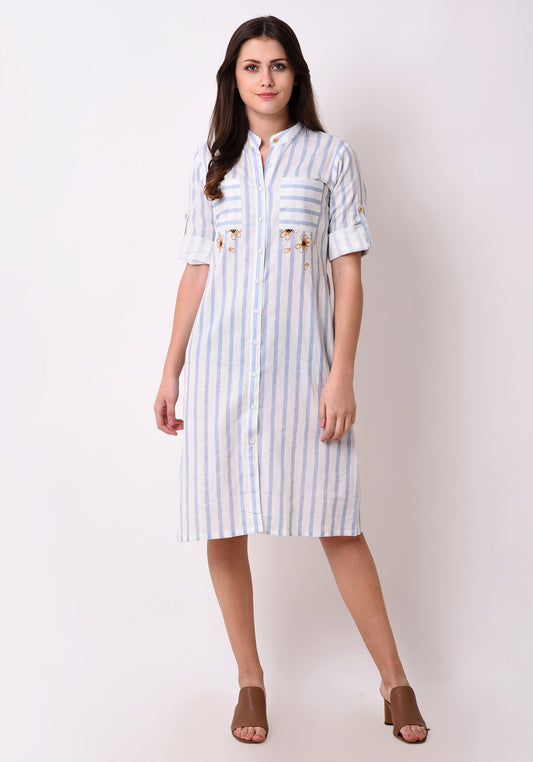 Striped Embroidered Shirt Dress - Wan Blue