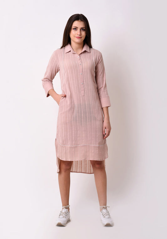 Crepe Dobby Button Down Shirt Dress - Peach