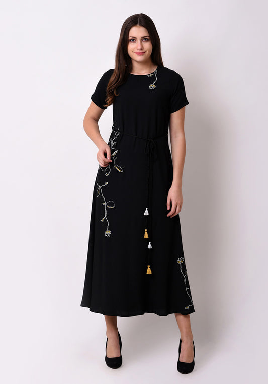 Floral Embroidered Maxi Dress - Black