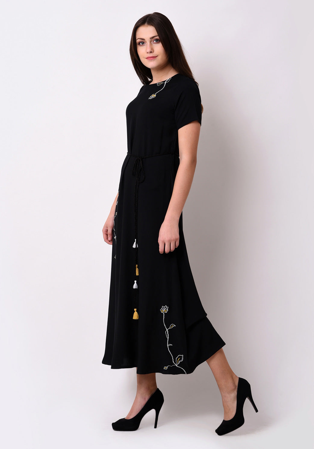Floral Embroidered Maxi Dress - Black