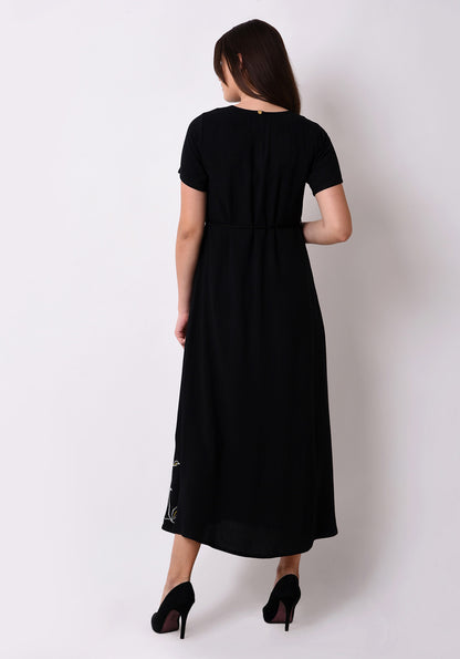Floral Embroidered Maxi Dress - Black