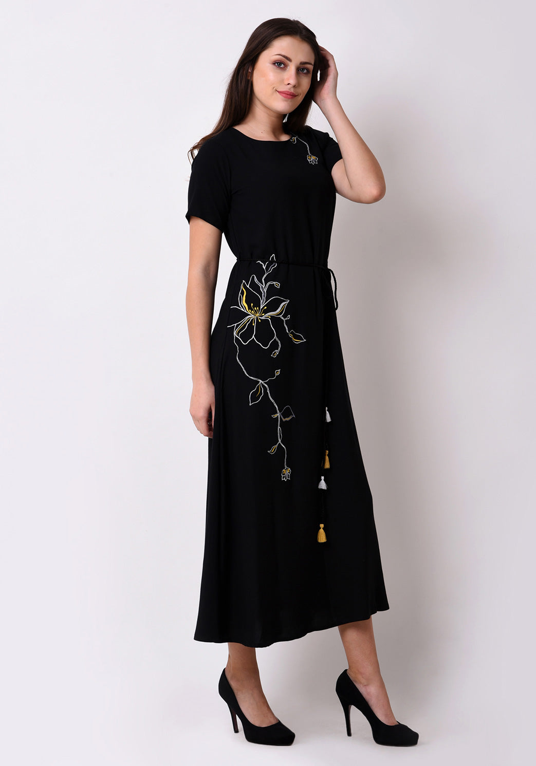 Floral Embroidered Maxi Dress - Black