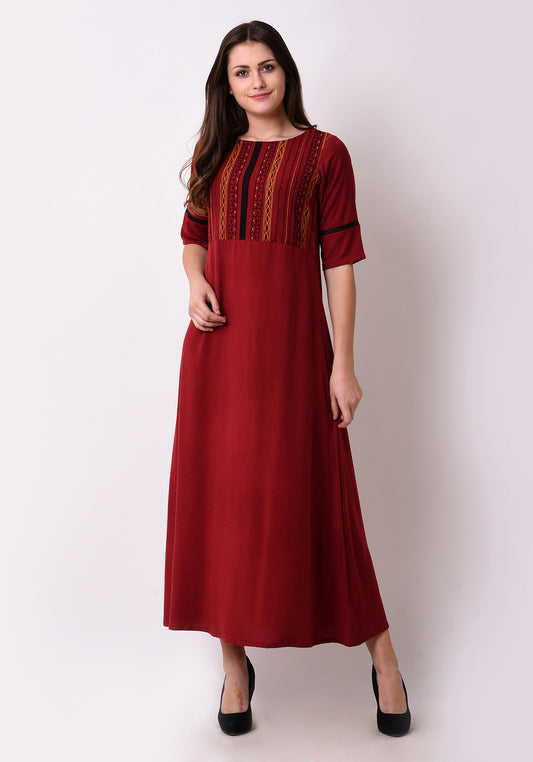 Geo-Embroidered Maxi Dress - Maroon