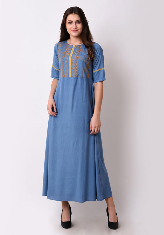 Geo-Embroidered Maxi Dress - Faded Denim