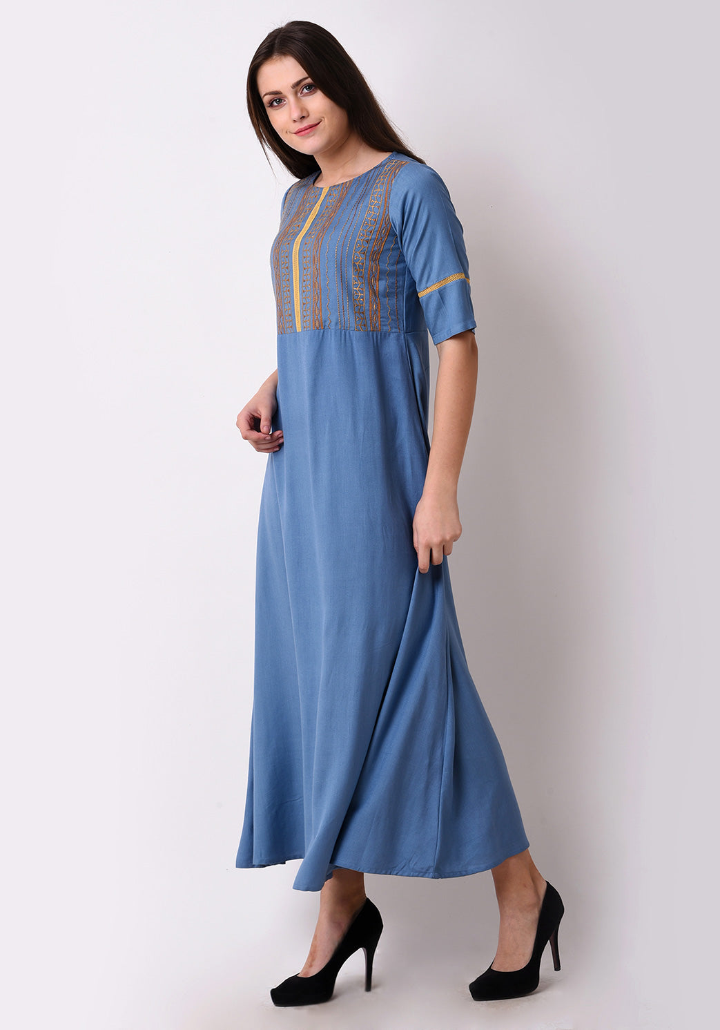 Geo-Embroidered Maxi Dress - Faded Denim