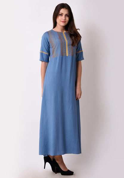 Geo-Embroidered Maxi Dress - Faded Denim