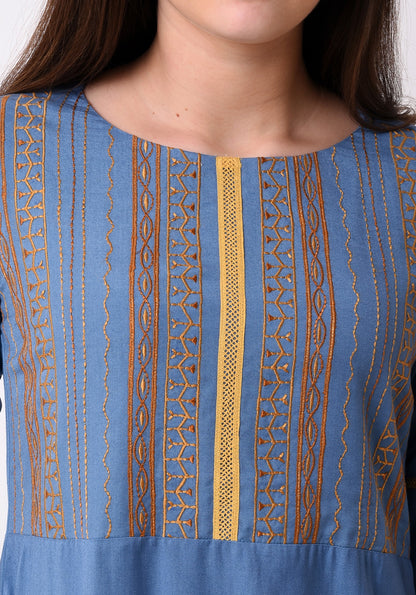 Geo-Embroidered Maxi Dress - Faded Denim