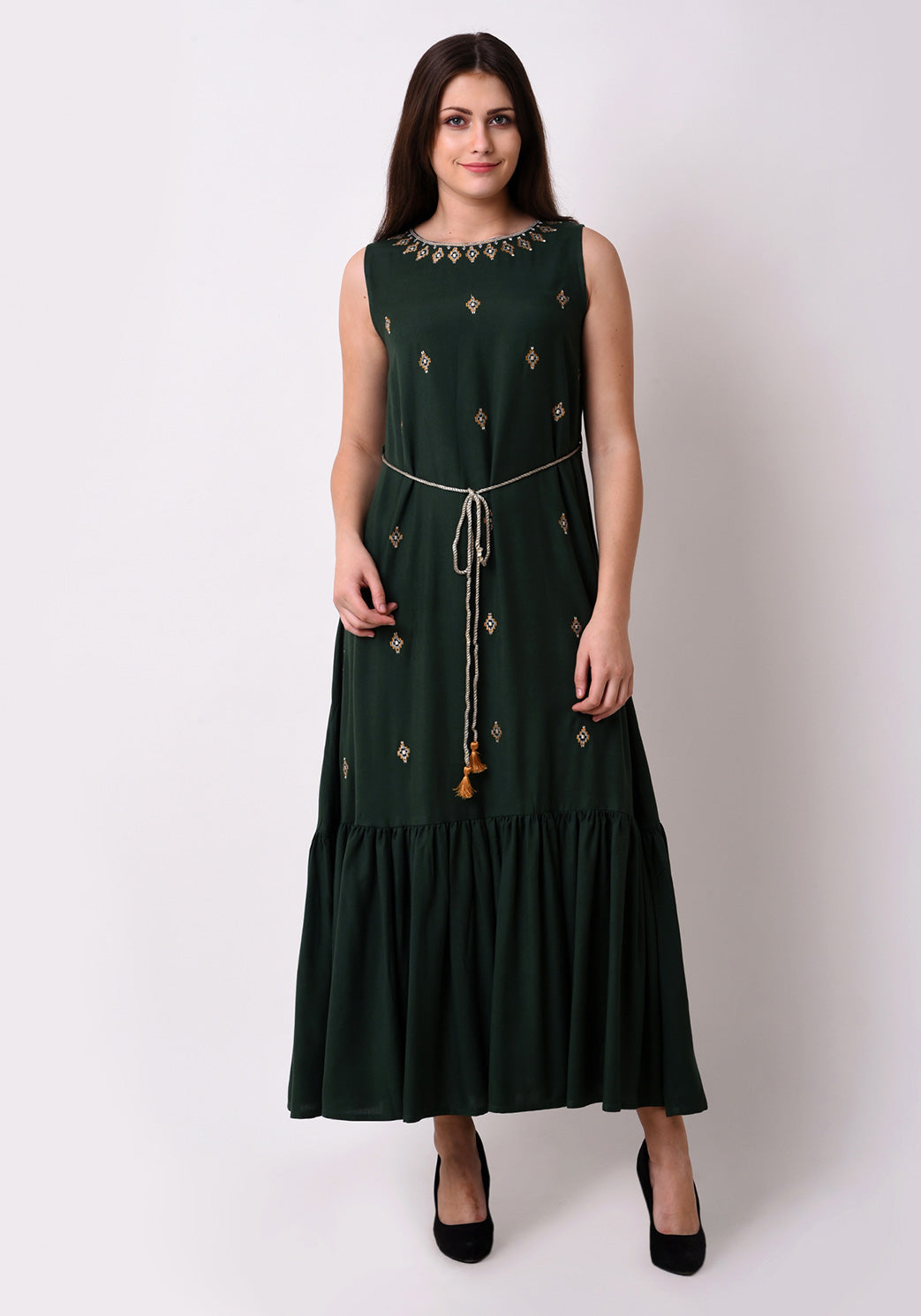 Embroidered Fairytale Maxi Dress - Bottle Green