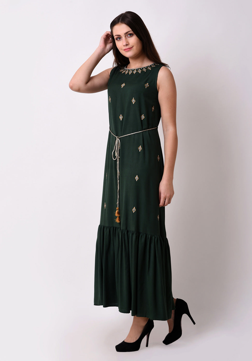 Embroidered Fairytale Maxi Dress - Bottle Green