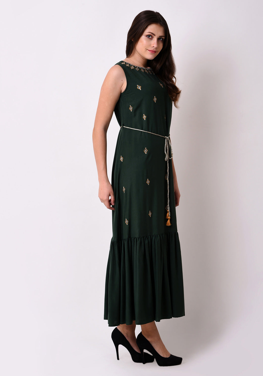 Embroidered Fairytale Maxi Dress - Bottle Green