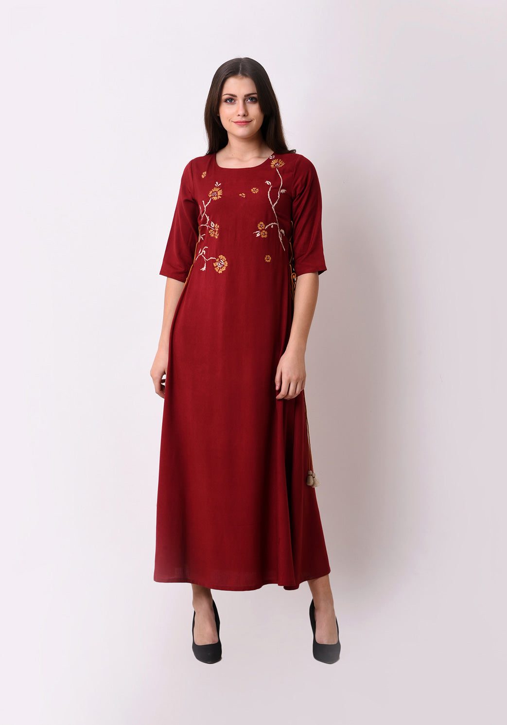 Elegant Side Tie-up Maxi Dress - Maroon