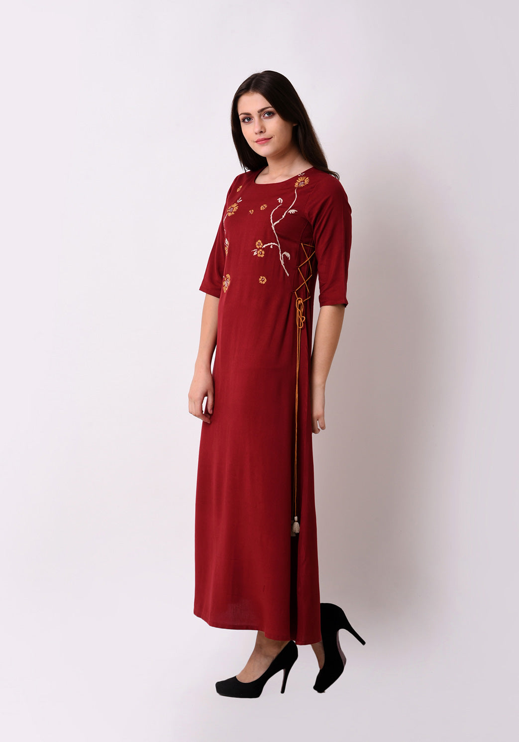 Elegant Side Tie-up Maxi Dress - Maroon