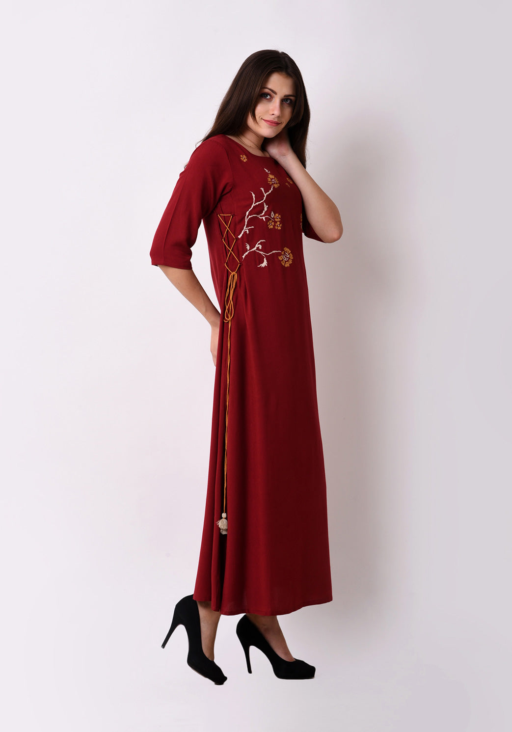 Elegant Side Tie-up Maxi Dress - Maroon