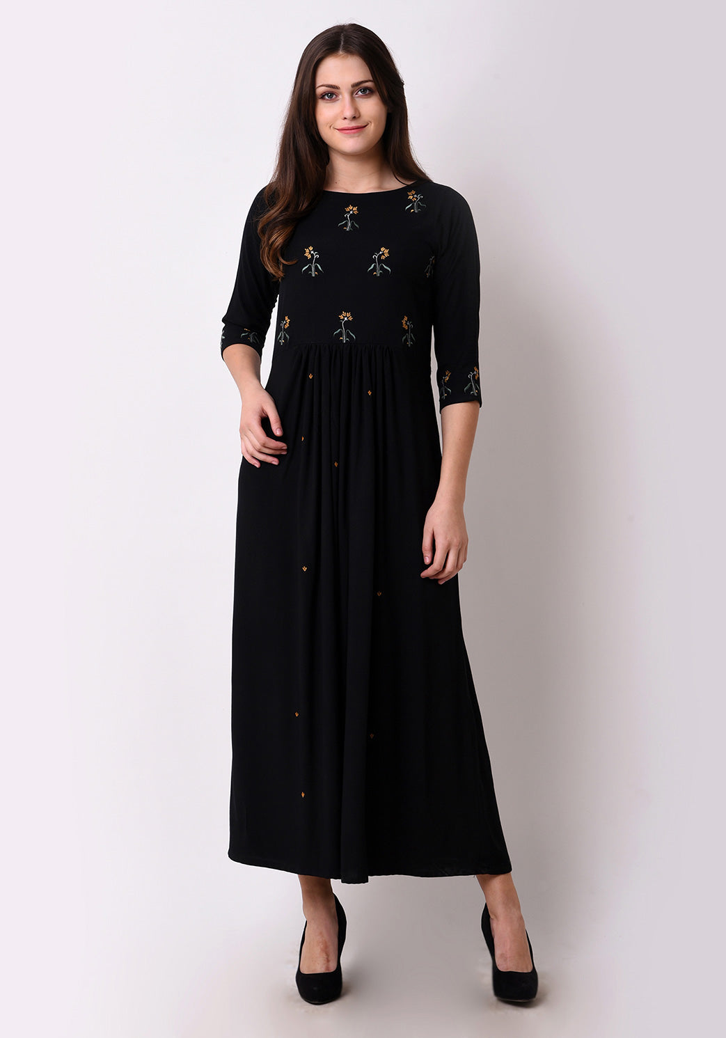 Floral Embroidered Gathered Maxi Dress - Black