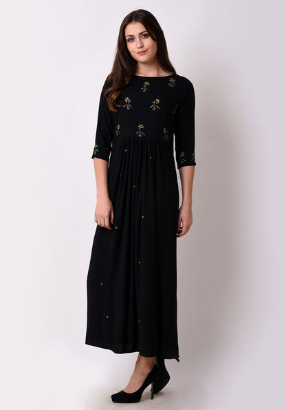 Floral Embroidered Gathered Maxi Dress - Black