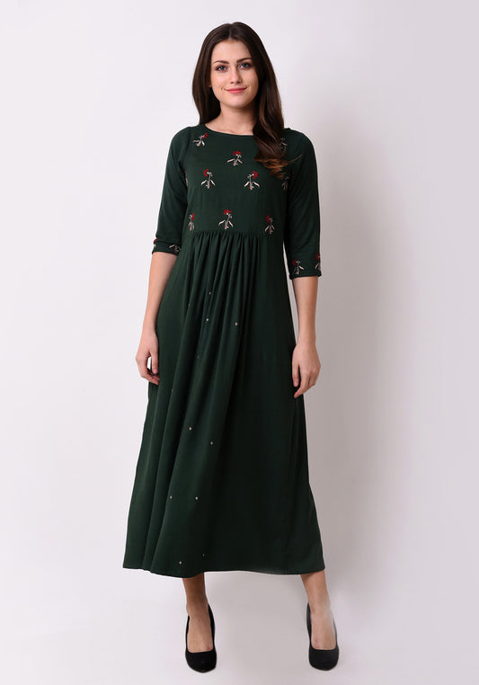 Floral Embroidered Gathered Maxi Dress - Bottle Green