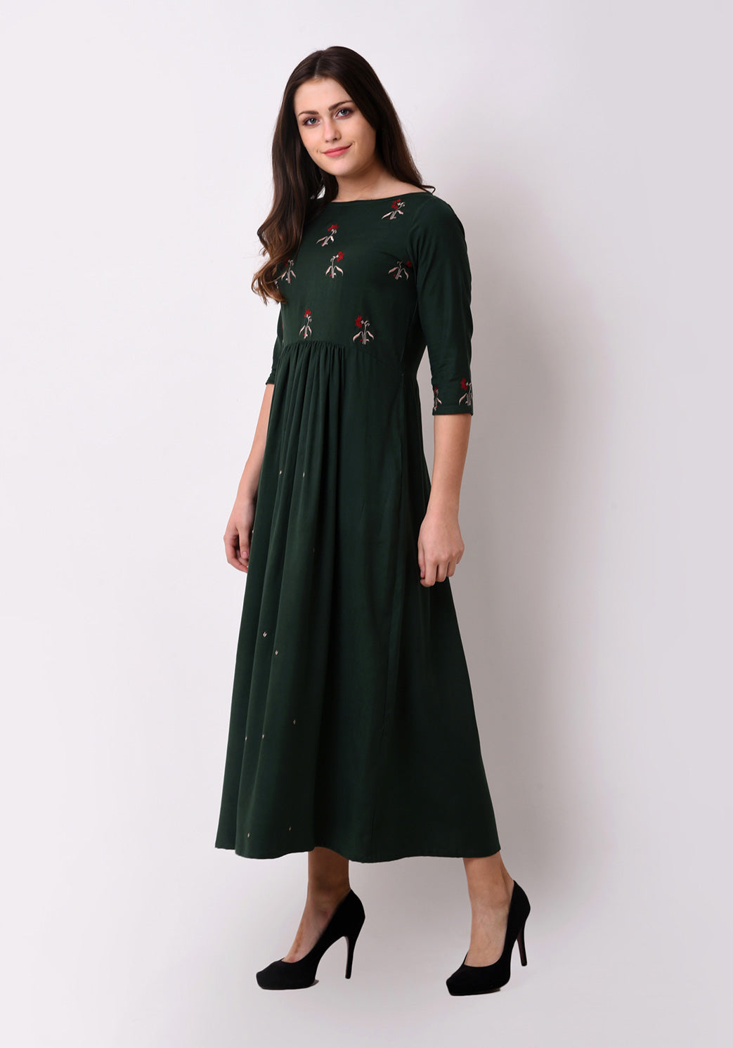 Floral Embroidered Gathered Maxi Dress - Bottle Green