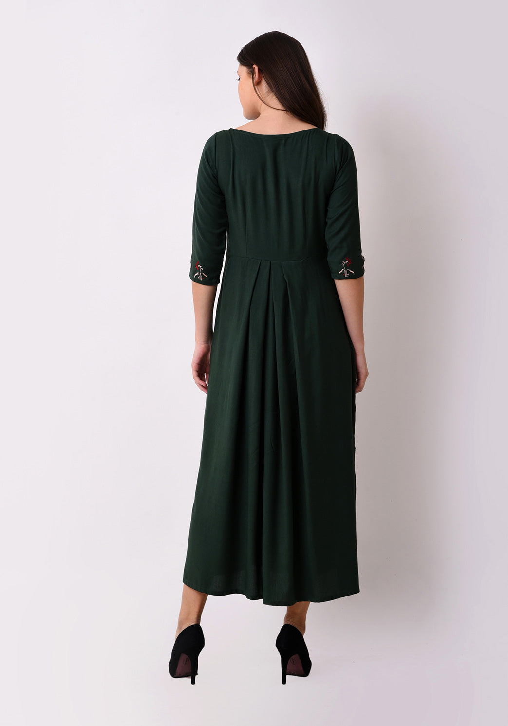 Floral Embroidered Gathered Maxi Dress - Bottle Green