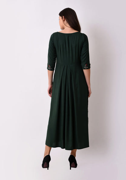Floral Embroidered Gathered Maxi Dress - Bottle Green