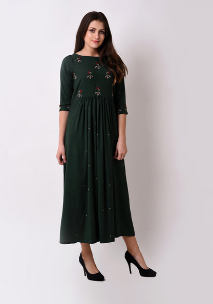 Floral Embroidered Gathered Maxi Dress - Bottle Green