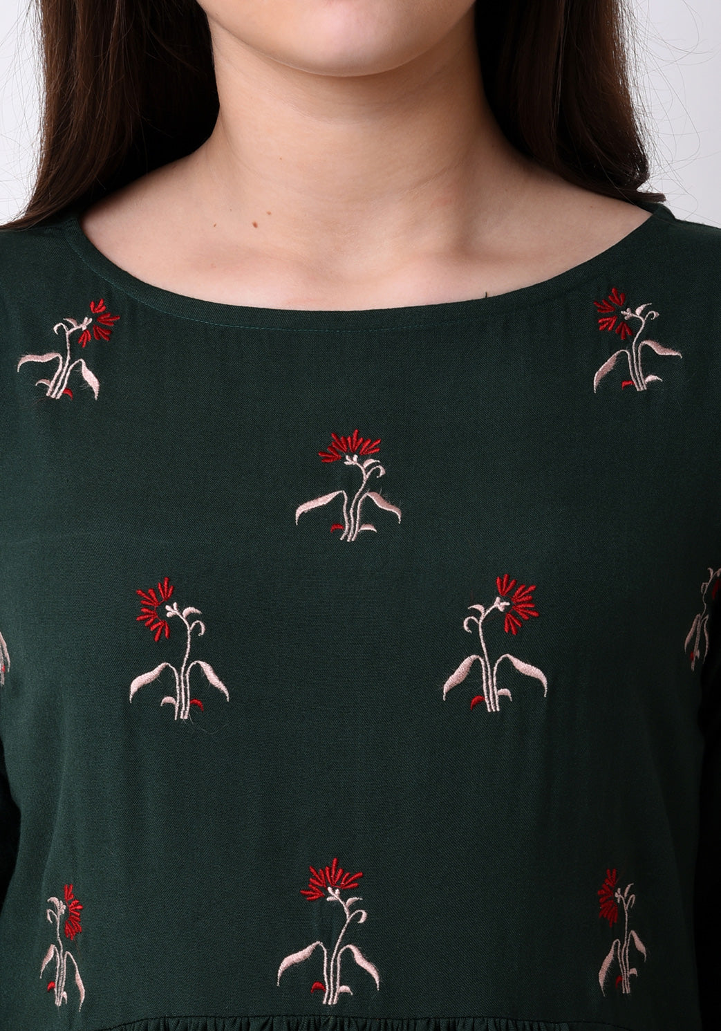 Floral Embroidered Gathered Maxi Dress - Bottle Green