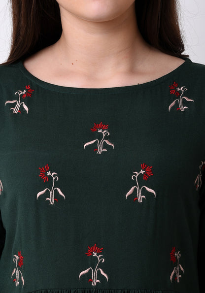 Floral Embroidered Gathered Maxi Dress - Bottle Green