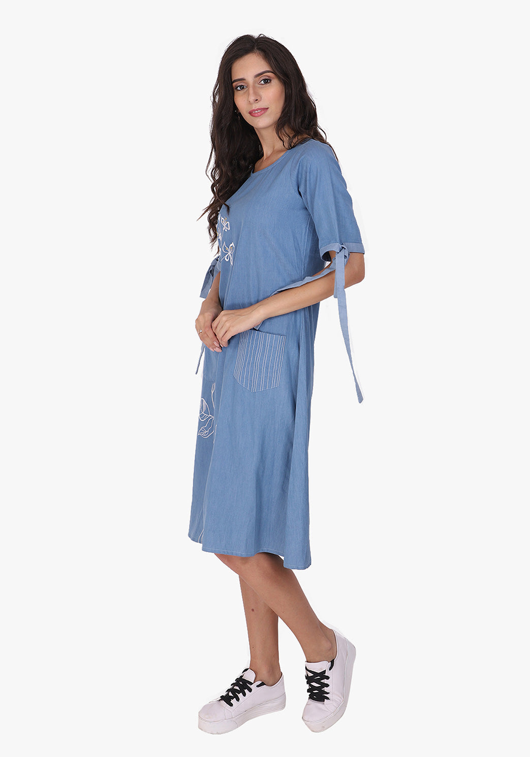 Embroidered Faded Denim Skater Dress