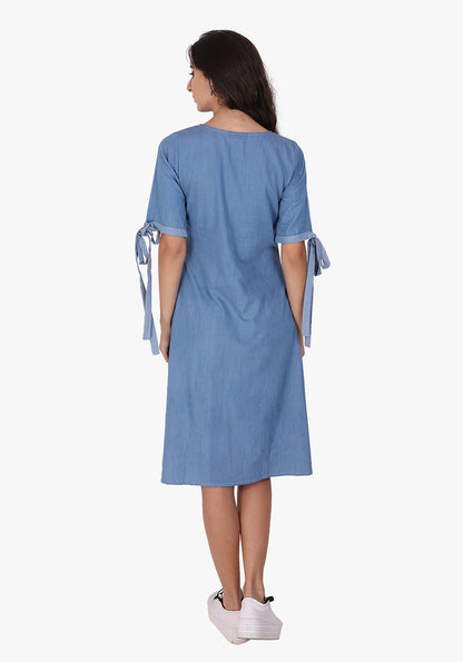 Embroidered Faded Denim Skater Dress