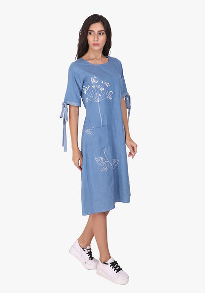 Embroidered Faded Denim Skater Dress