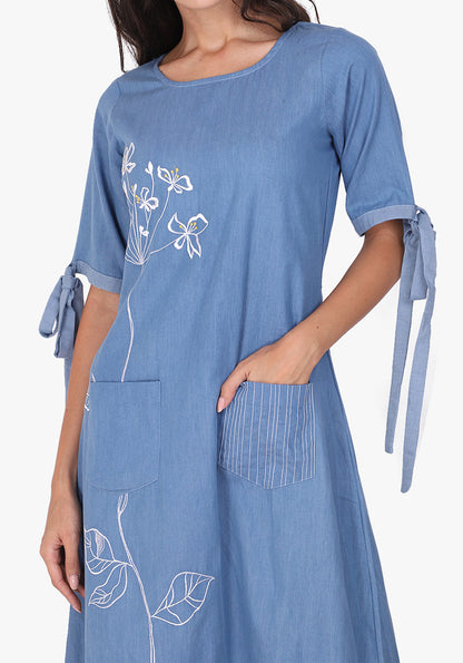 Embroidered Faded Denim Skater Dress