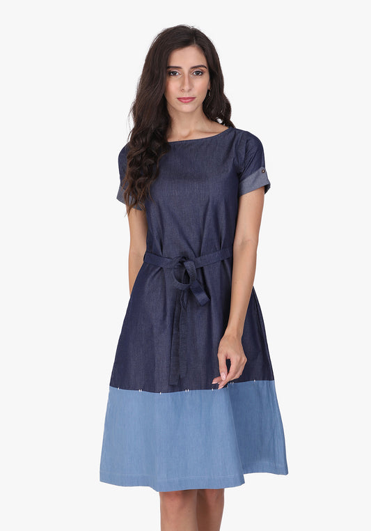 Contrast Denim Ombre Blue Shift Dress