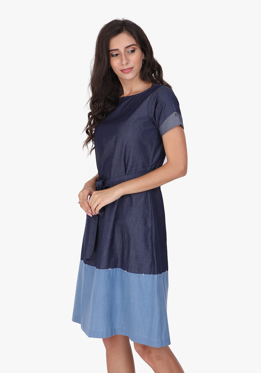 Contrast Denim Ombre Blue Shift Dress