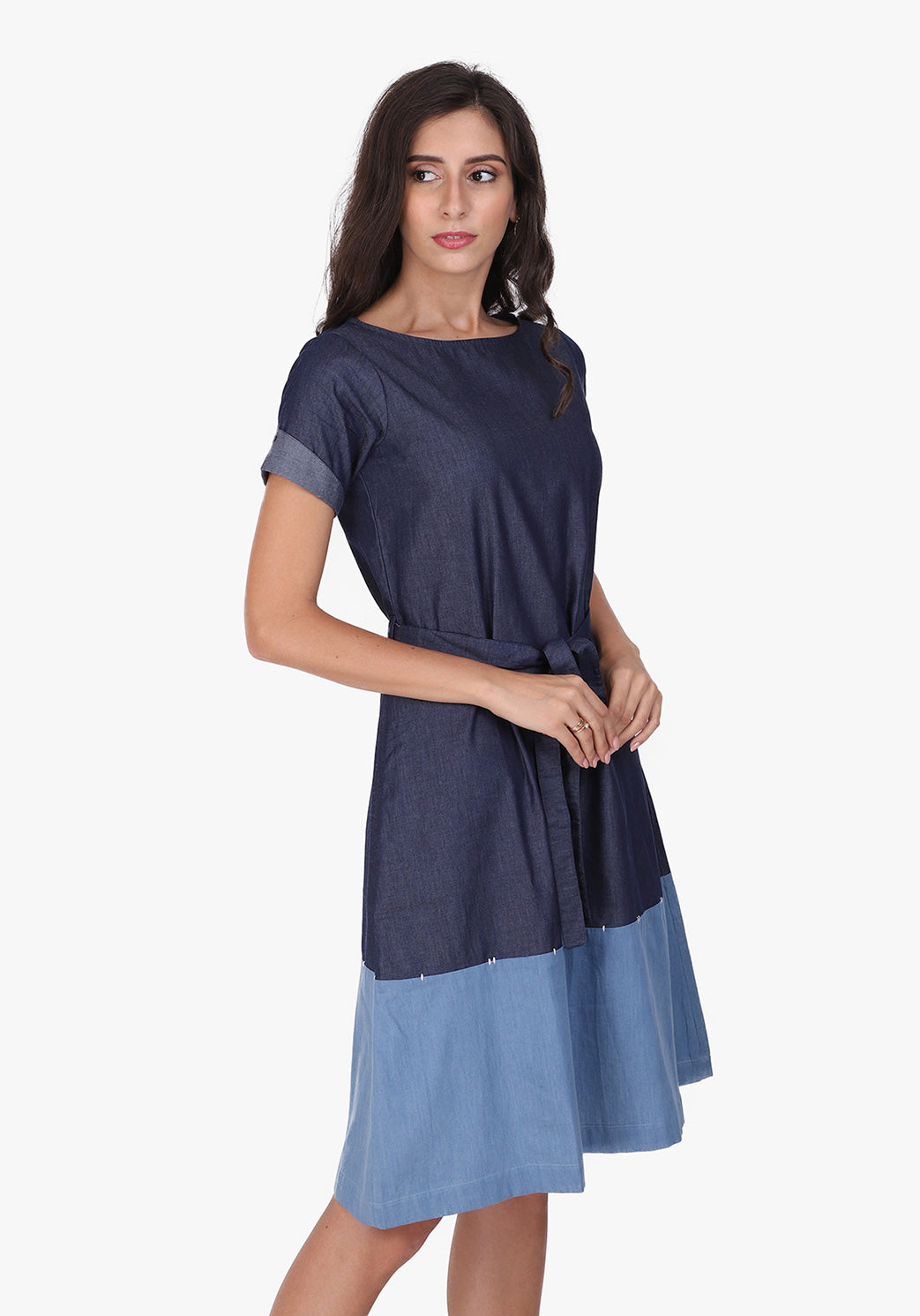Contrast Denim Ombre Blue Shift Dress