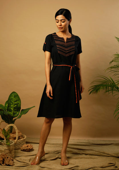 Embroidered Yoke Black Formal Dress