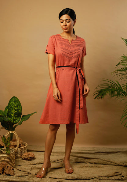 Embroidered Yoke Dusty Orange Formal Dress
