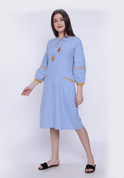 Bishop Sleeve Wan Blue Chambray Dress