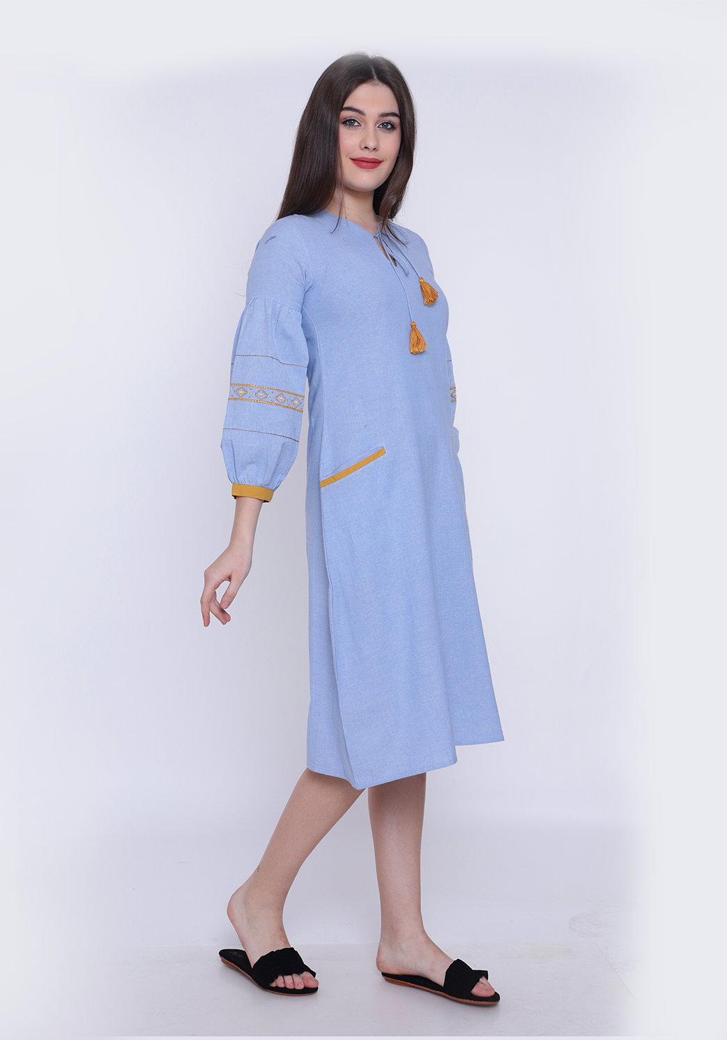Bishop Sleeve Wan Blue Chambray Dress