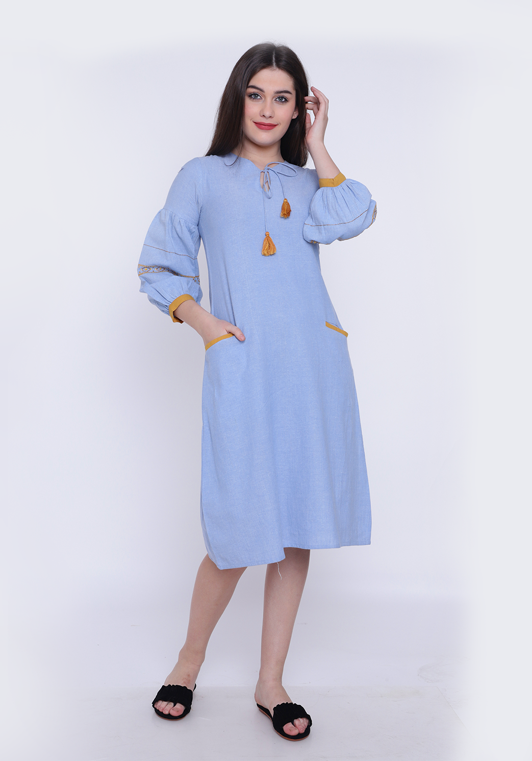 Bishop Sleeve Wan Blue Chambray Dress