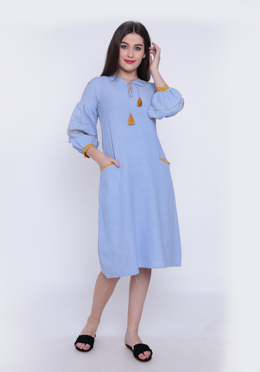 Bishop Sleeve Wan Blue Chambray Dress