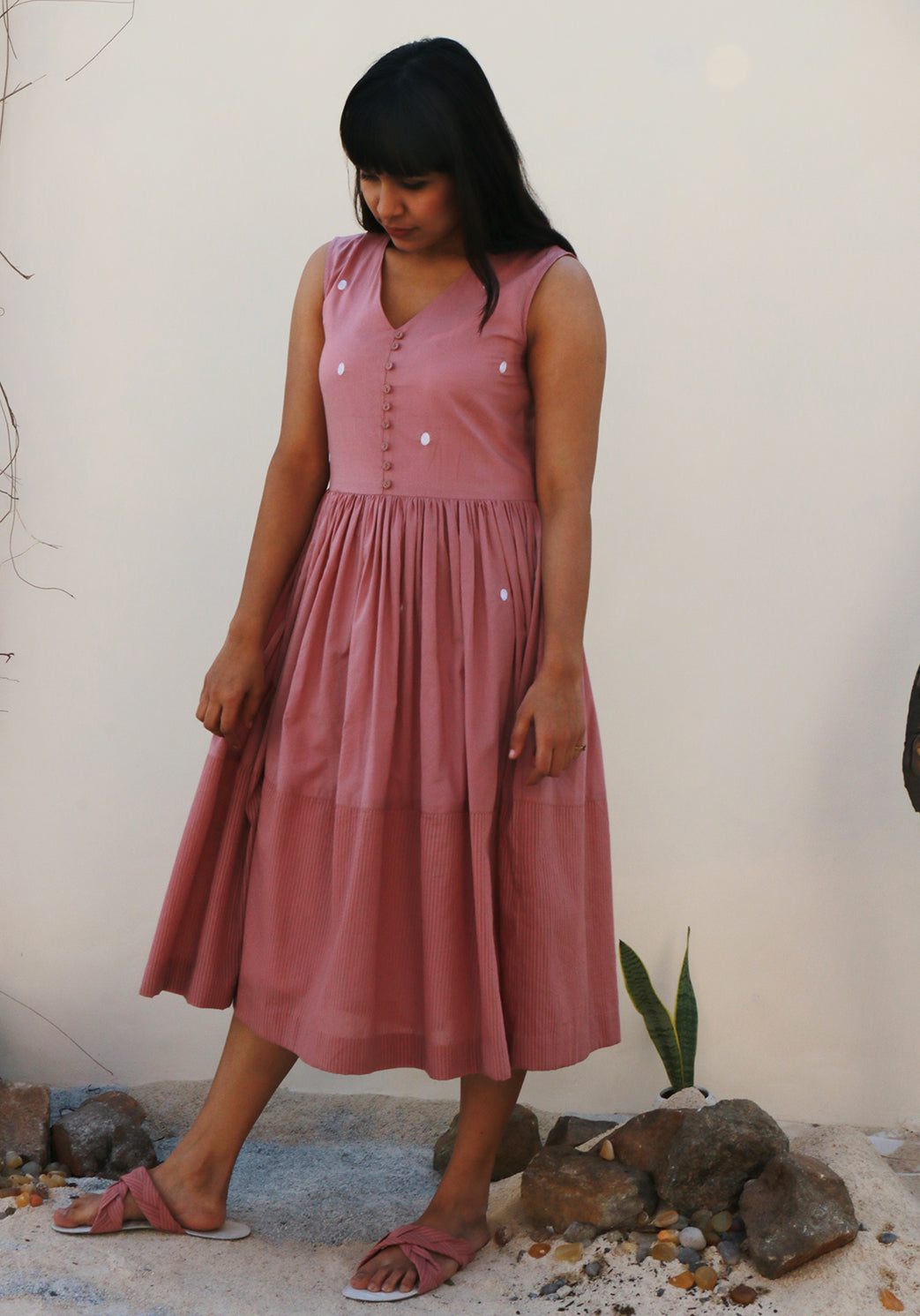 Polka Embroidery Pale Blush Midi Dress